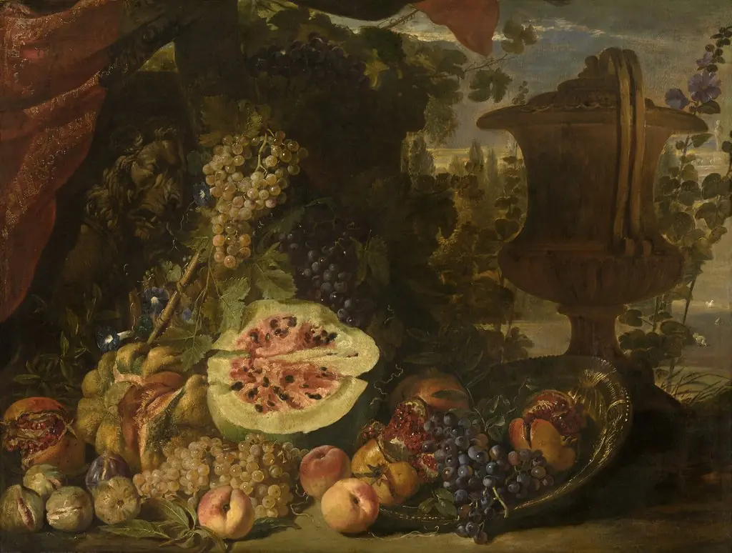 Fruit still life of pumpkin, melon, grapes, peaches and pomegranates; right a garden vase, left a sarcophagus