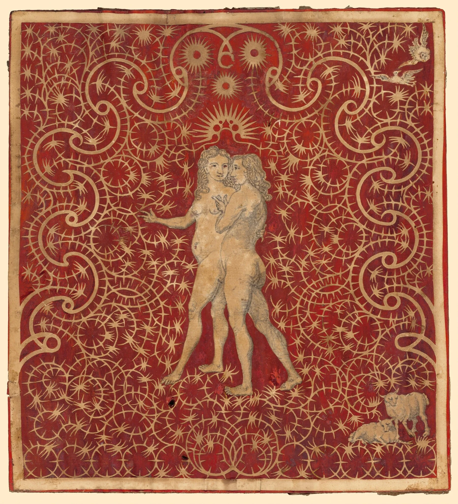 Adam and Eve in the Garden with a Pair of Sheep and a Pair of Doves, by British 18th Century, watercolor, 1784