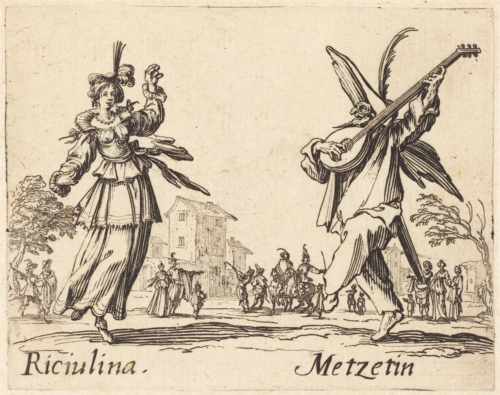 Riciulina and Metzetin, by Jacques Callot, ink, 1622