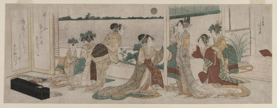 Tsukasa and Other Courtesans of the Ogiya Watching the Autumn Moon Rise Over Rice Fields from a Balcony in the Yoshiwara, by Katsushika Hokusai, 1799