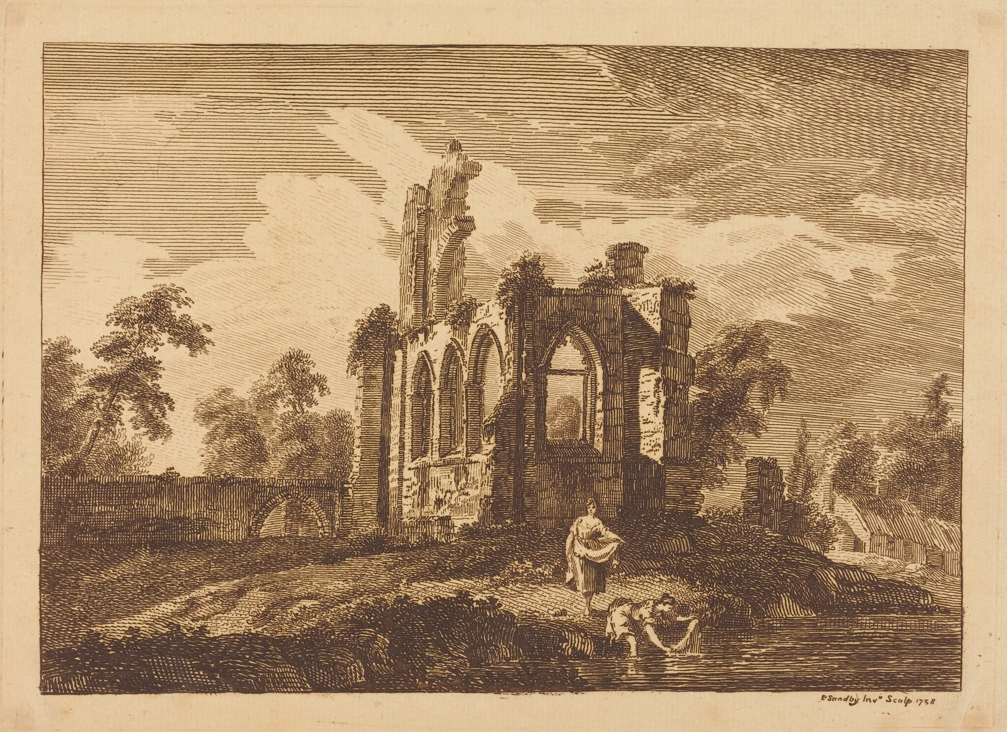 Ruins with Two Women Washing Clothes in a River, by Paul Sandby, ink, 1758