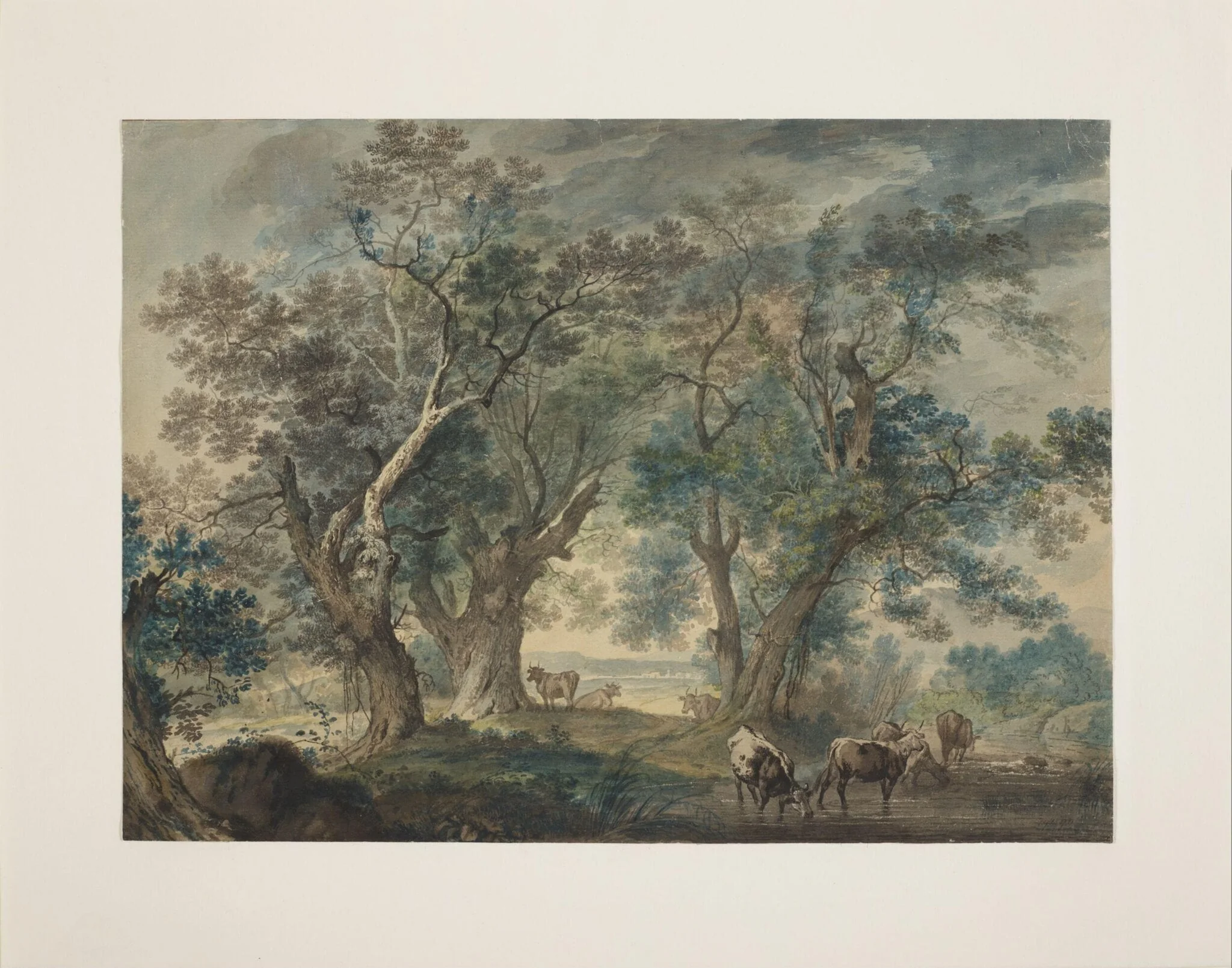 Landscape with cattle drinking at a pool, by George Robertson, watercolor, 1760