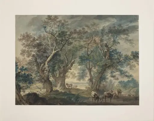 Landscape with cattle drinking at a pool
