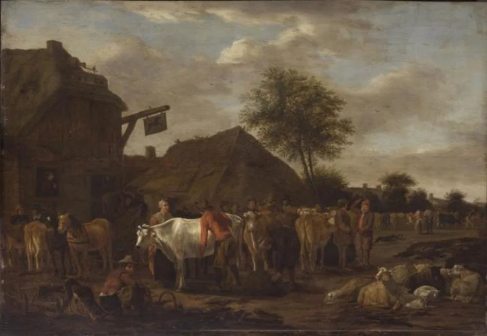 Cattle Market, by Govert Dircksz. Camphuysen, oil, 1660