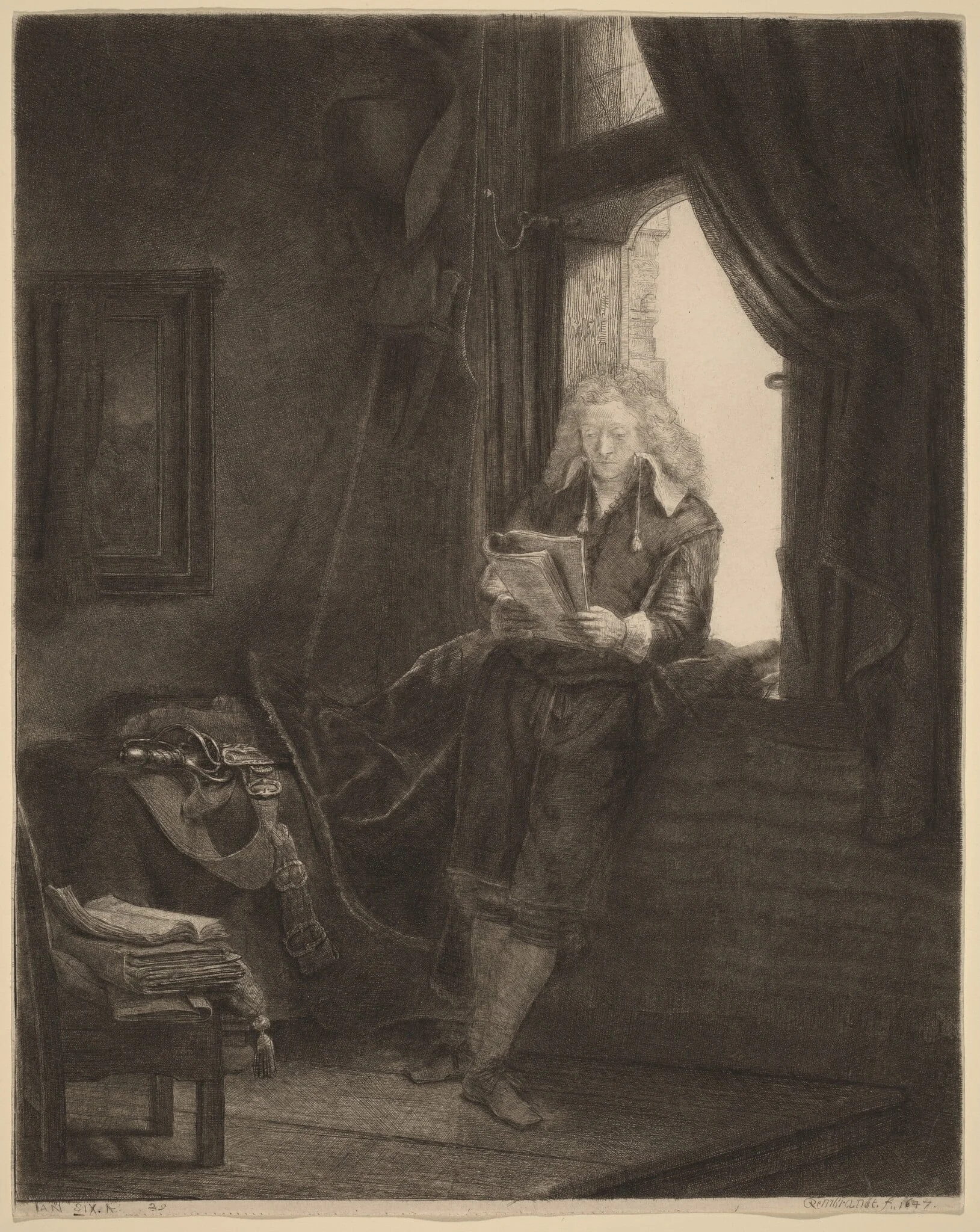 Jan Six, by Rembrandt, ink, 1647