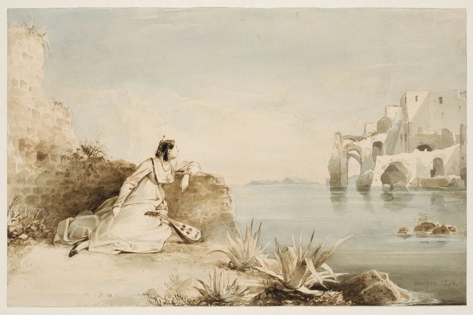 Italian Girl with Mandolin on the Coast of the Gulf of Naples