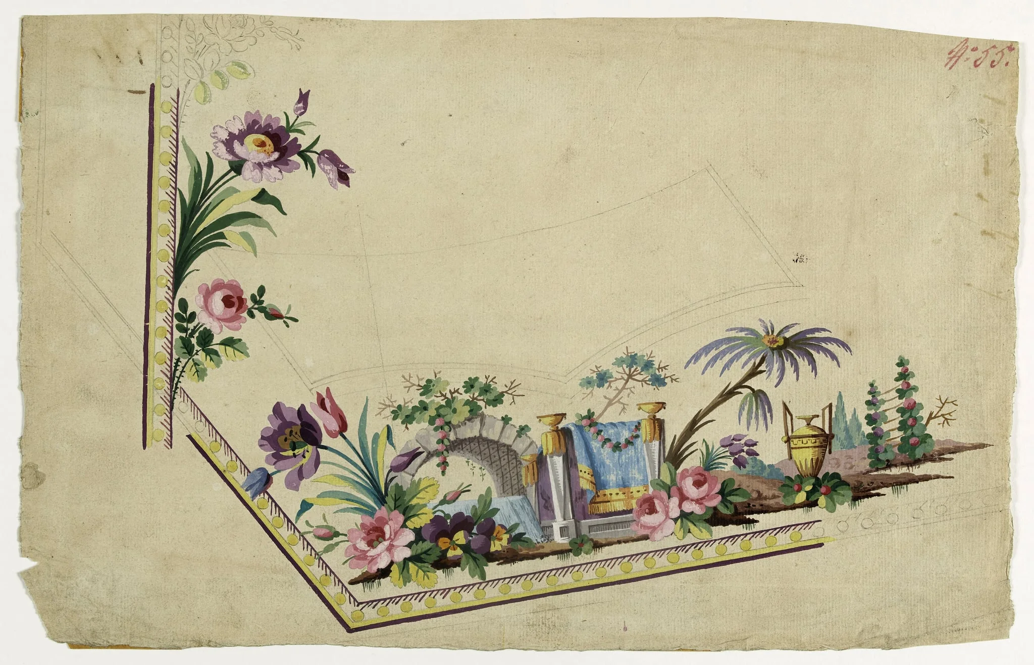 Paysage à pont en pierre, projets de broderies de gilet, XVIIIème siècle