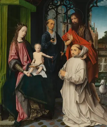 Tronende Maria en Christus, met Sint-Hi&#235;ronymus, Johannes de Doper en een kartuizer monnik