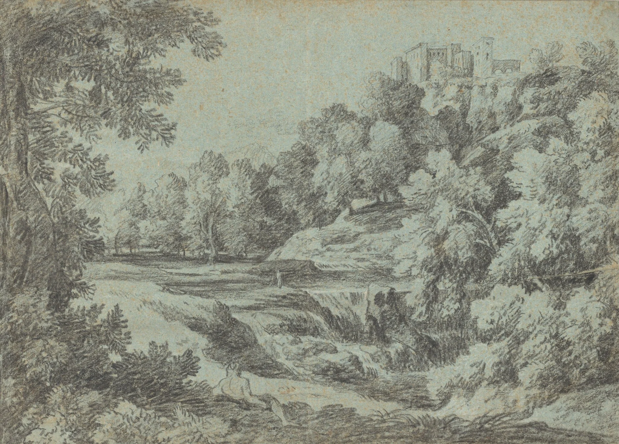Italian Landscape with Fortifications and a Waterfall, by Gaspard Dughet, chalk, 1664