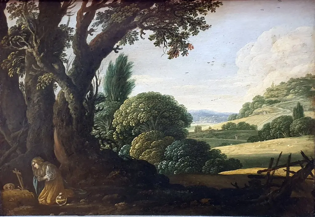 Mary Magdalene praying in a rolling landscape