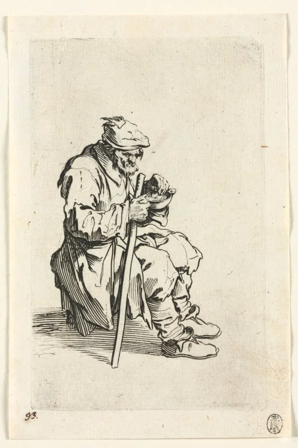The Beggars: Beggar Sitting Down and Eating, by Jacques Callot, 1623