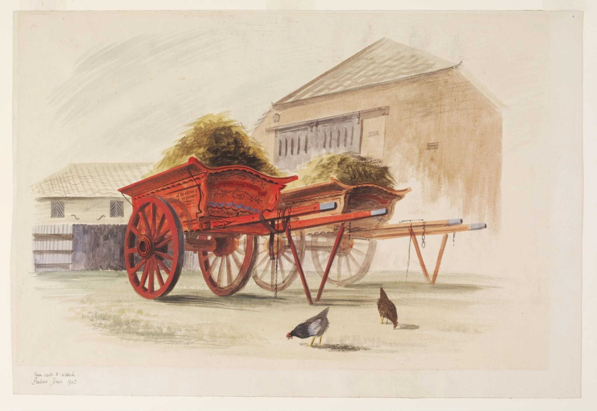 Farm carts, Near Wisbech, by Barbara Jones, watercolor, 1942