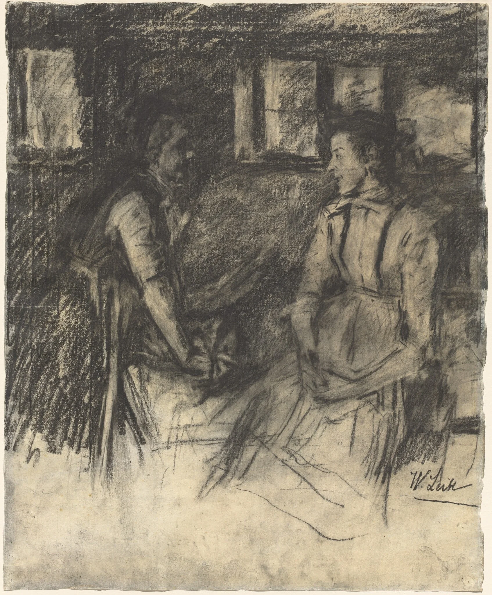 Two Women in the Kitchen, by Wilhelm Leibl, chalk, 1896