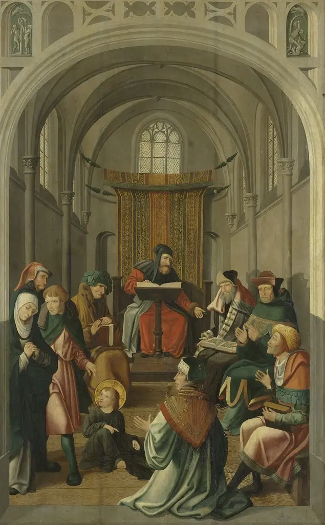 Panel of an altarpiece with Jesus disputing with the doctors in the Temple (inner wing) and Christ appearing to his mother (outer wing)