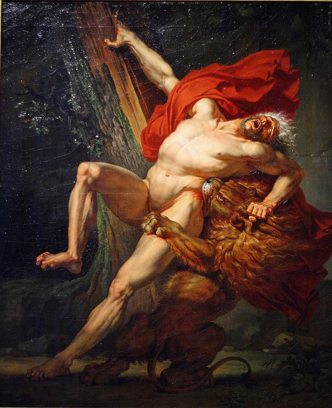 Milo of Croton, Attempting to Test His Strength, Is Caught and Devoured by a Lion, by Charles Meynier, oil, 1798