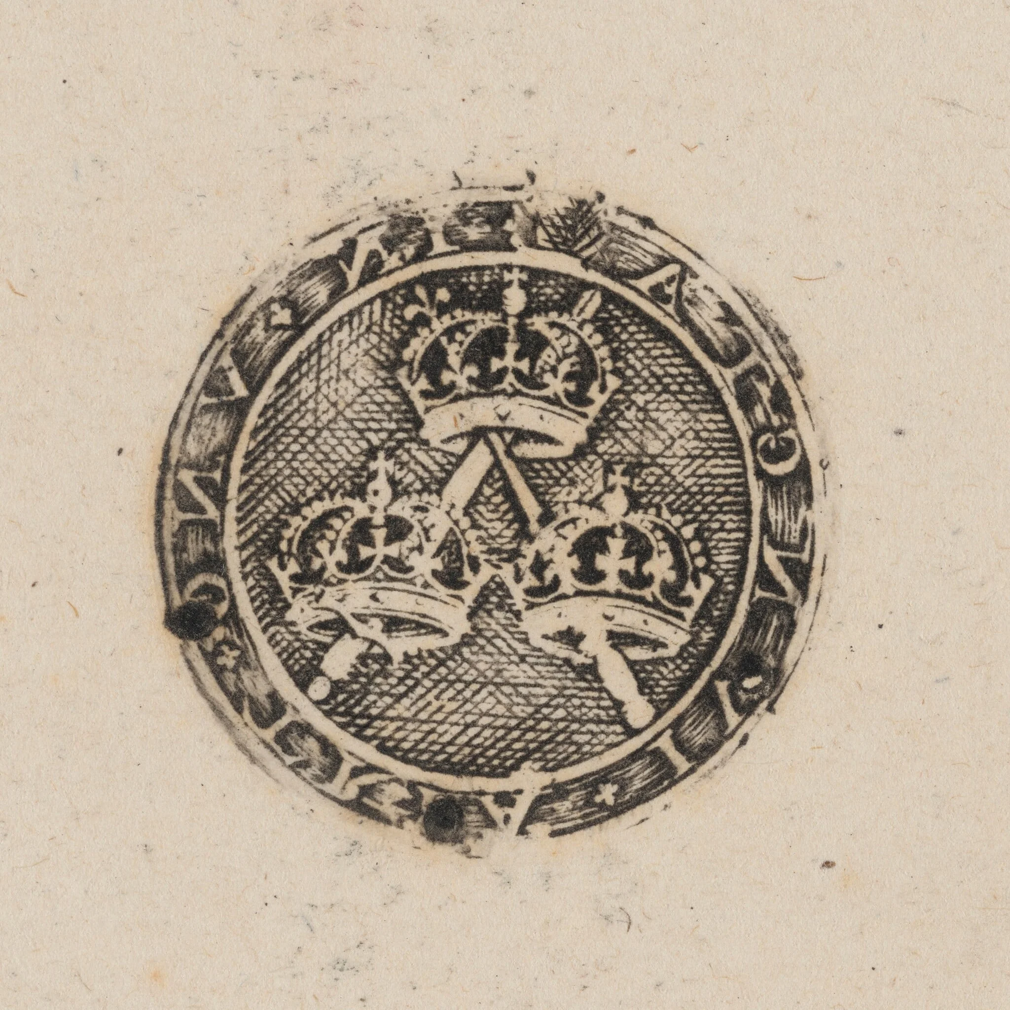 Three Crowns Supported by Two Sceptres [left half], by Dutch 17th Century, ink, 1650