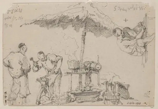 Two blacksmiths beneath a parasol