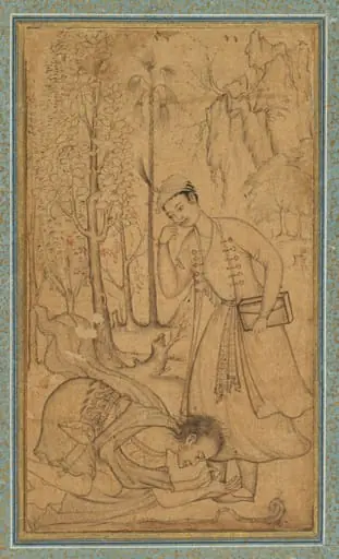 A holy man prostrating himself before a learned prince