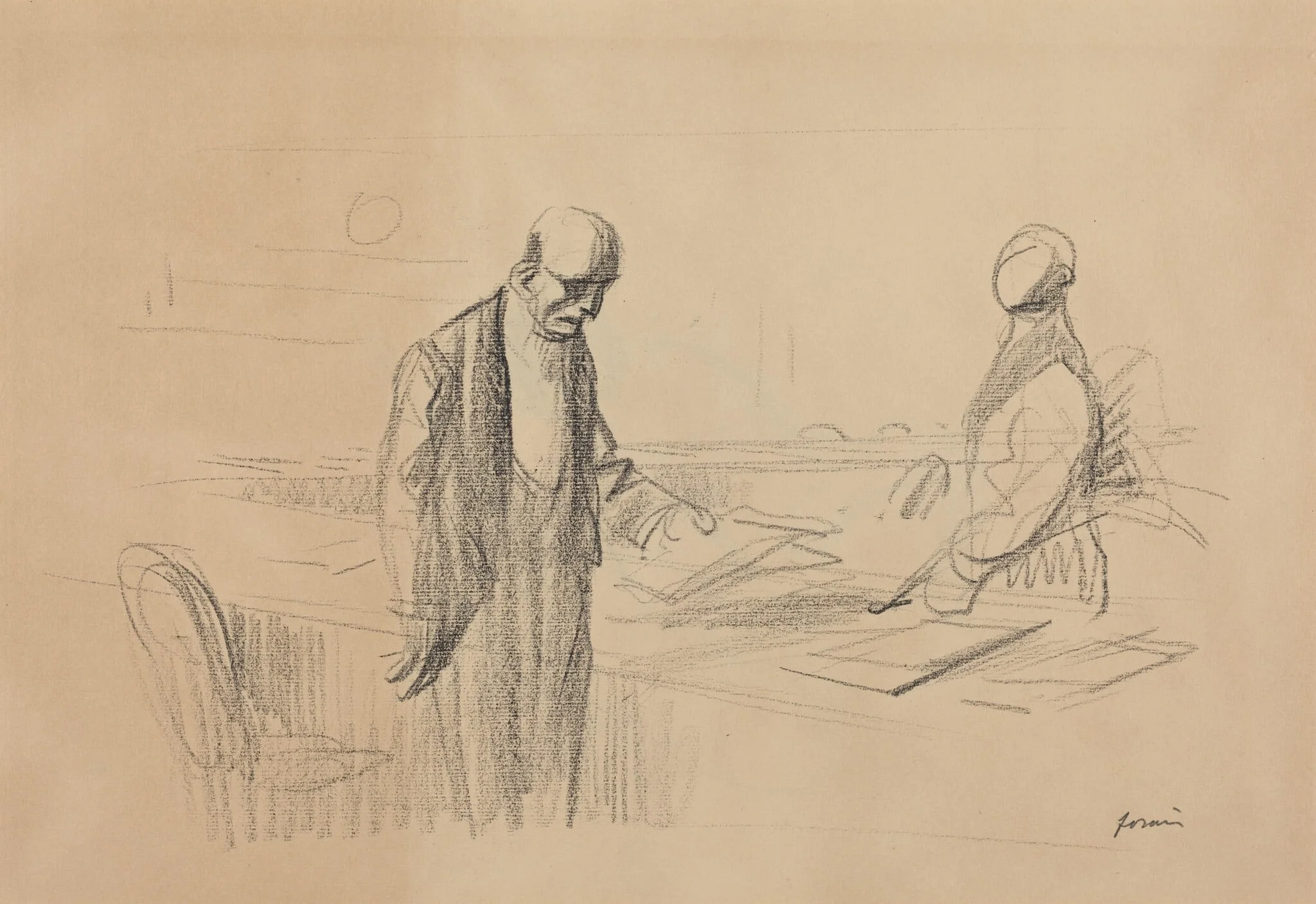 a) At the Conference (recto); b) Reclining Figure (verso), by Jean-Louis Forain, crayon, 1919