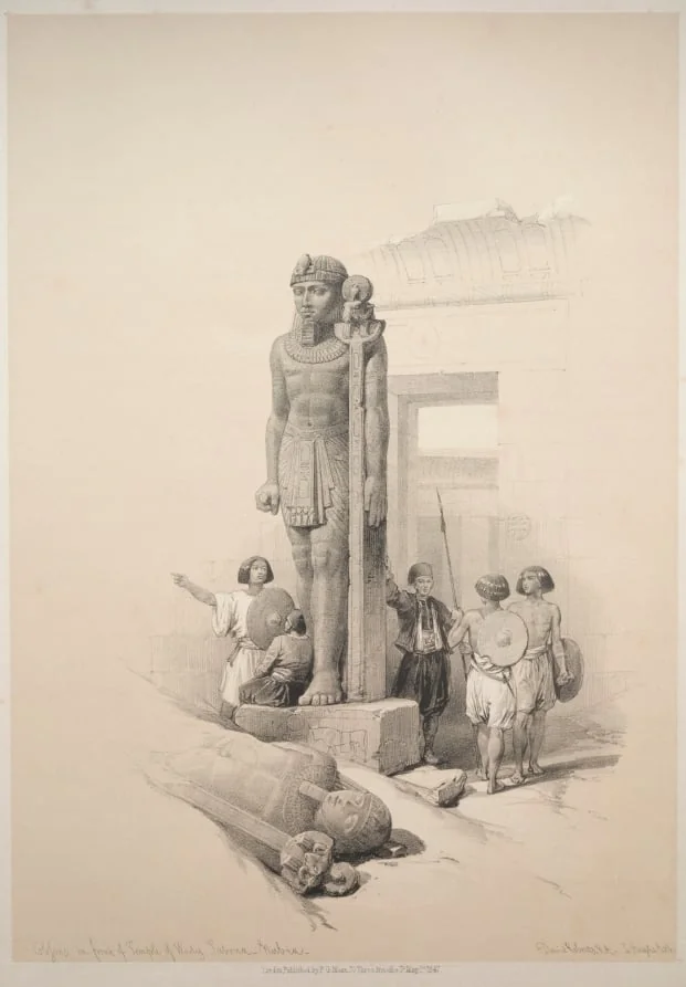 Egypt and Nubia:  Volume II - No. 7, Colossi at Wady Saboua, by Louis Haghe, 1838