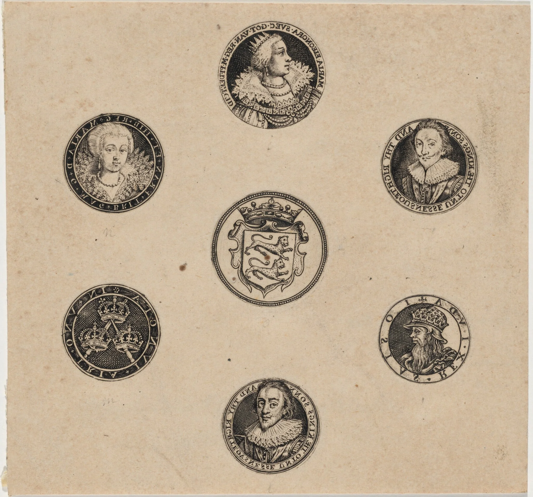 Sheet of Seven Roundels with Portraits, by Dutch 17th Century, ink, 1621