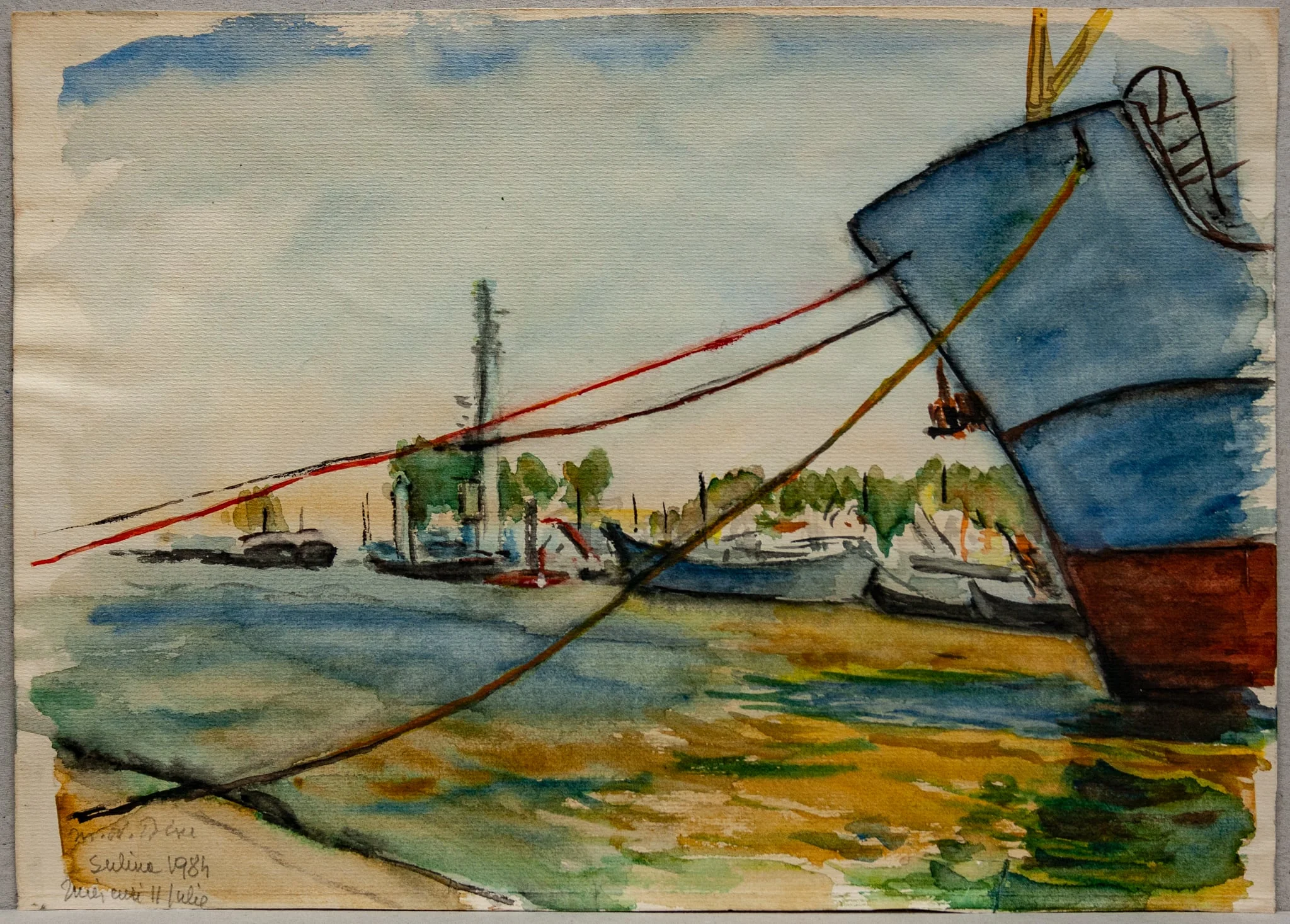 S 34 - Peisaj la Sulina (Dunăre și fund de vapor legat la cheu)