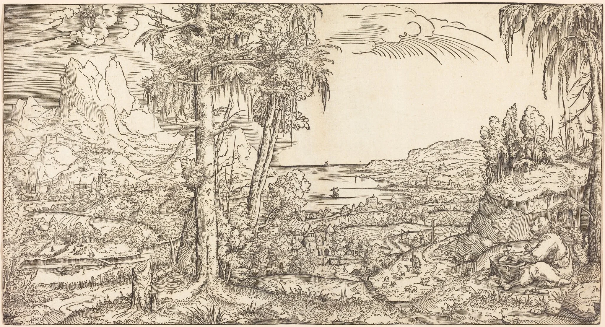 Saint John on Patmos, by Master H.W.G., ink, 1550