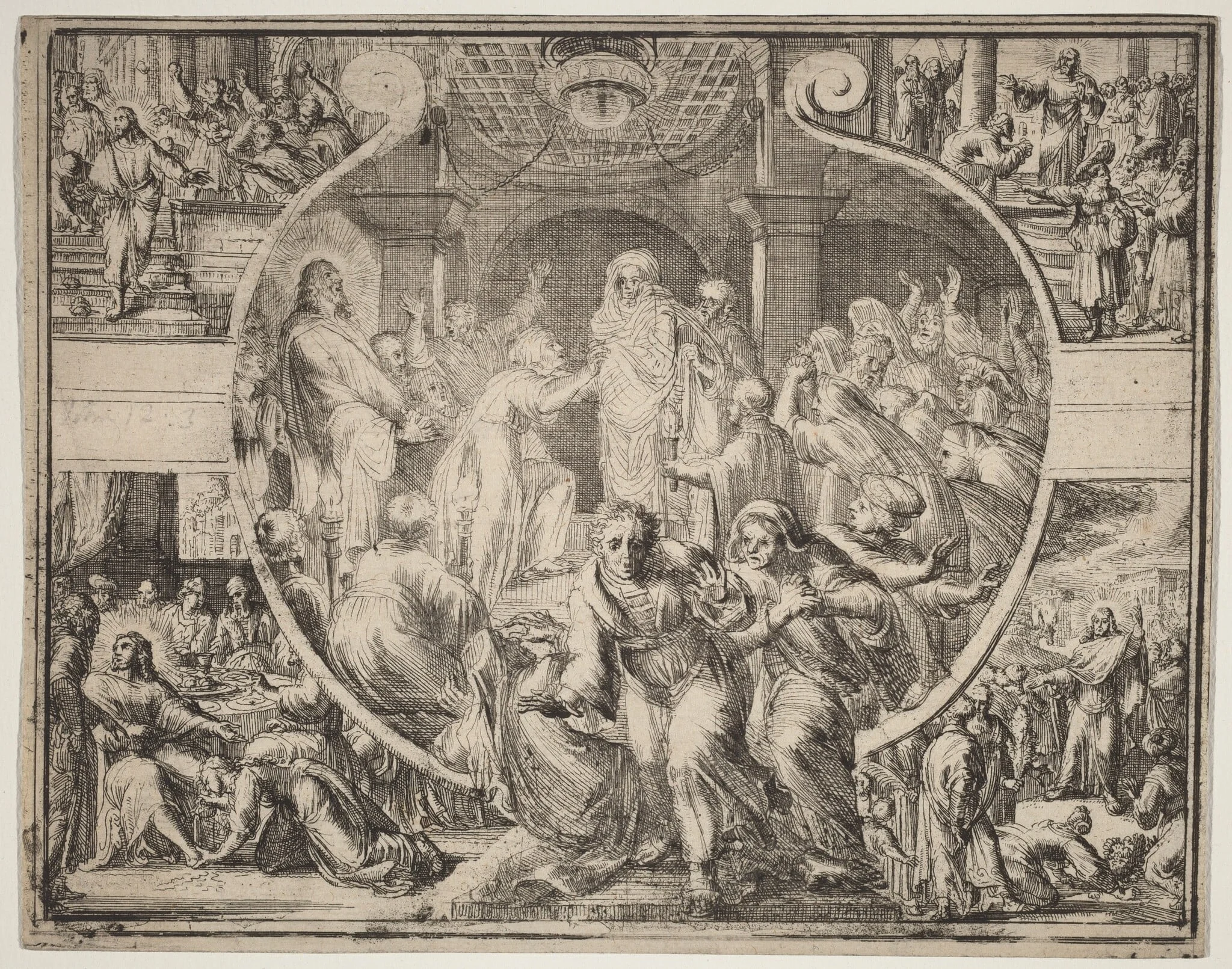 Raising of Lazarus with Scenes from the Life of Christ, by Romeyn de Hooghe, ink, 1676