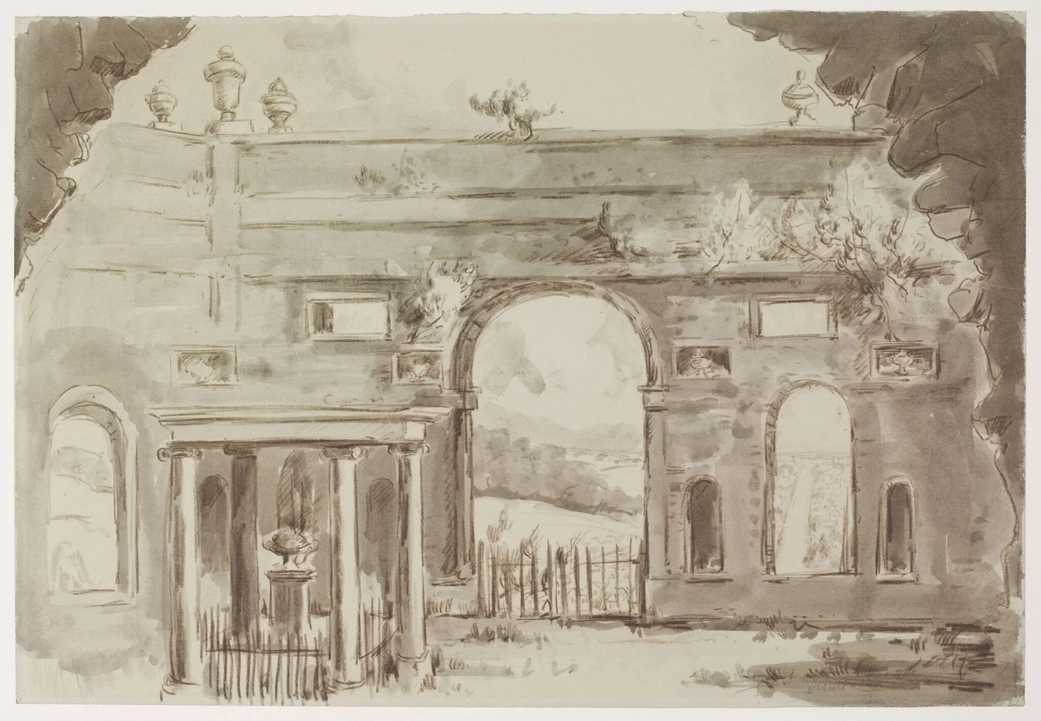 Dashwood Mausoleum West Wycombe, with road to High Wycombe, by Seabrooke, watercolor, 1940
