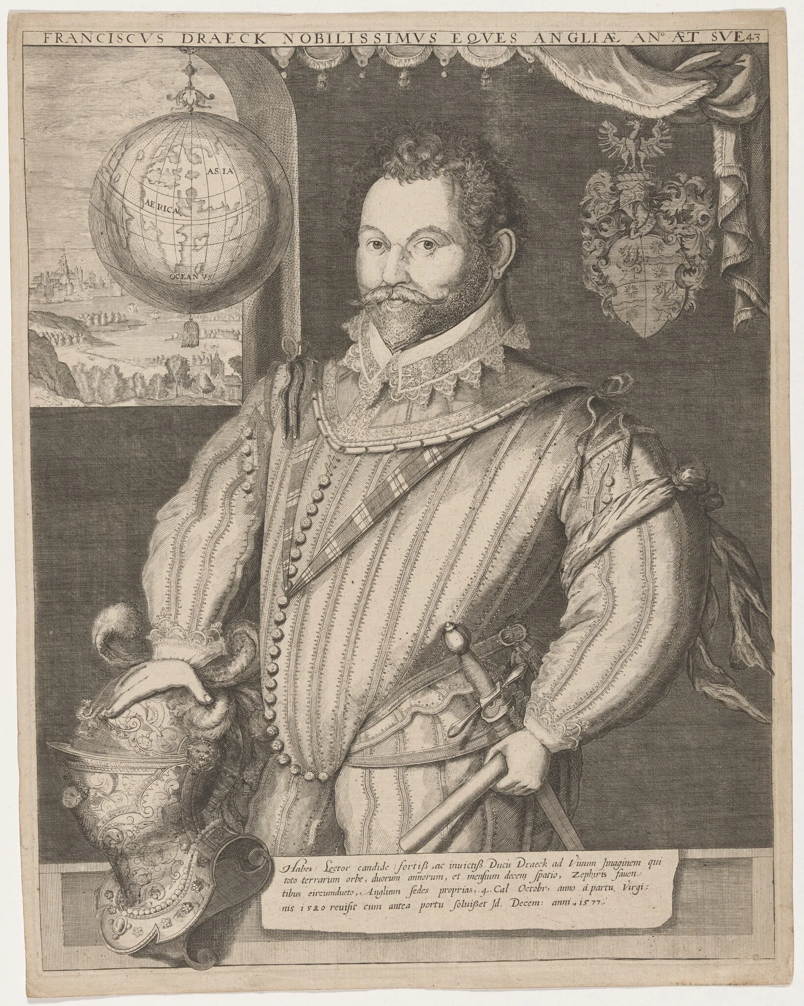 Sir Francis Drake, by Jodocus Hondius I, ink, 1588