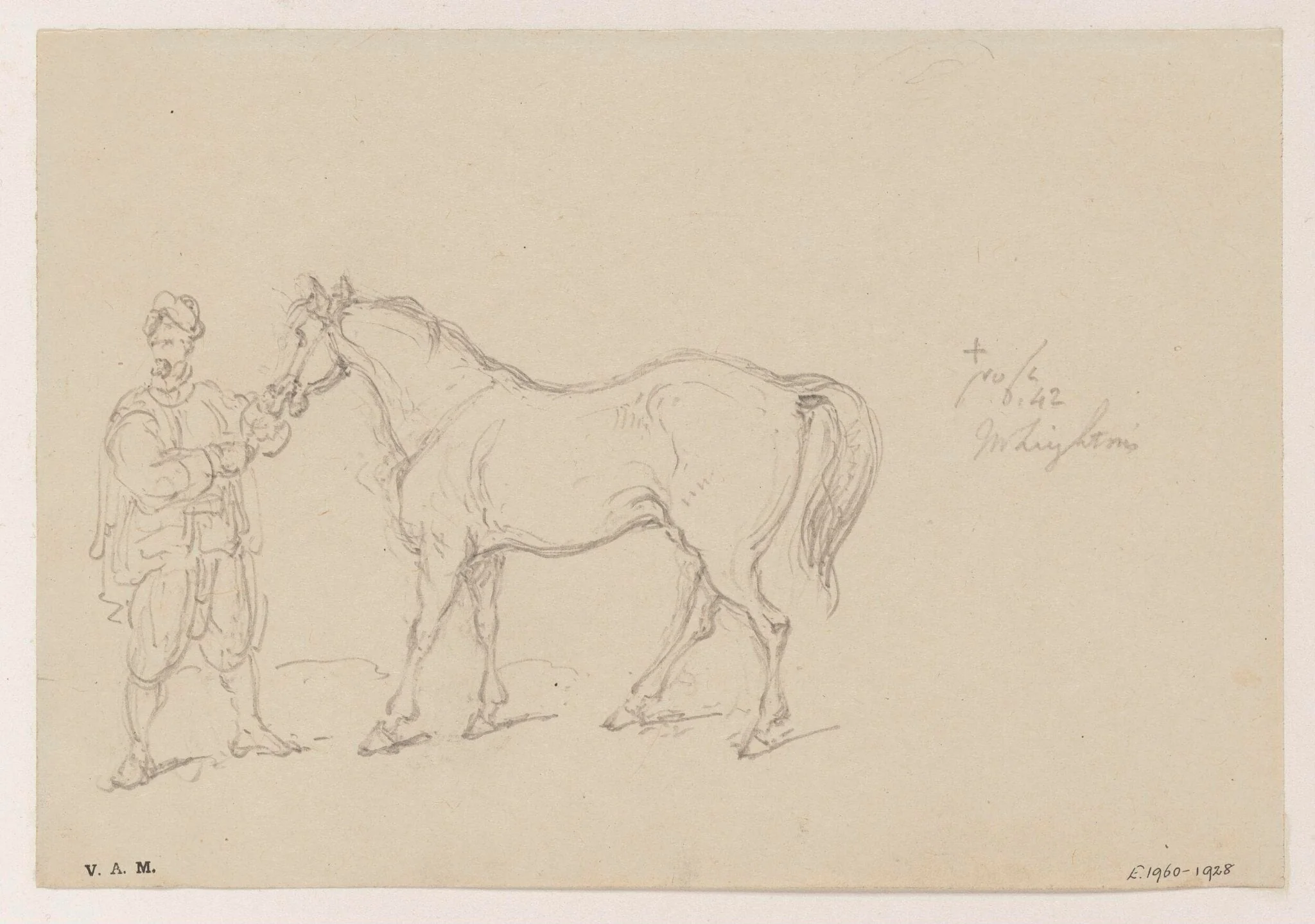 A turbaned figure holding a horse, by George Chinnery, 5
