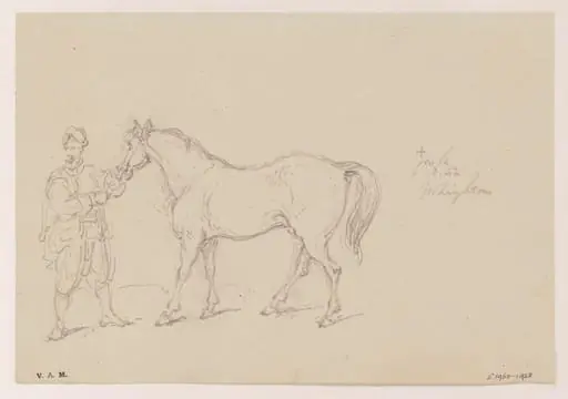 A turbaned figure holding a horse
