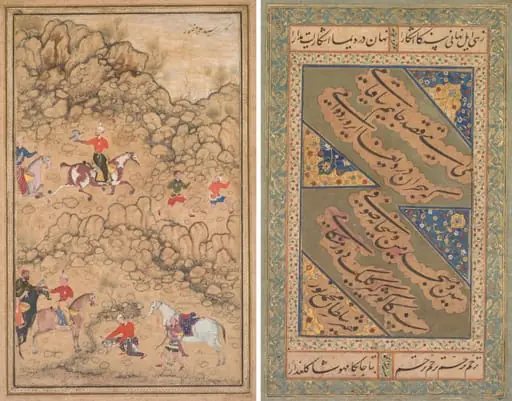 Hunting with falcons in a landscape; verso: Calligraphy of Chaghatai Turkish poems in praise of wine, Sultan Muhammad Nur (Persian, c. 1472–1536) and Mirza Muhammad (probably Persian, active c. 1520s)