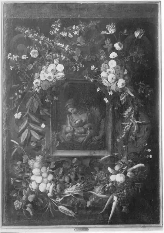 Garland of flowers surrounding the Virgin and Child