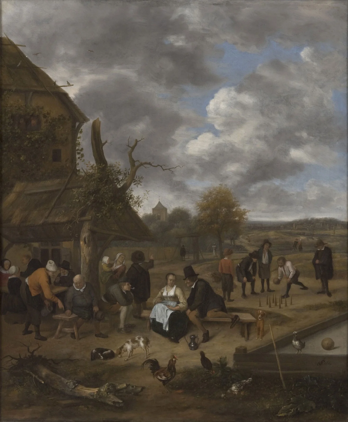 Landscape with an Inn and Skittles, by Jan Steen, oil, 1656