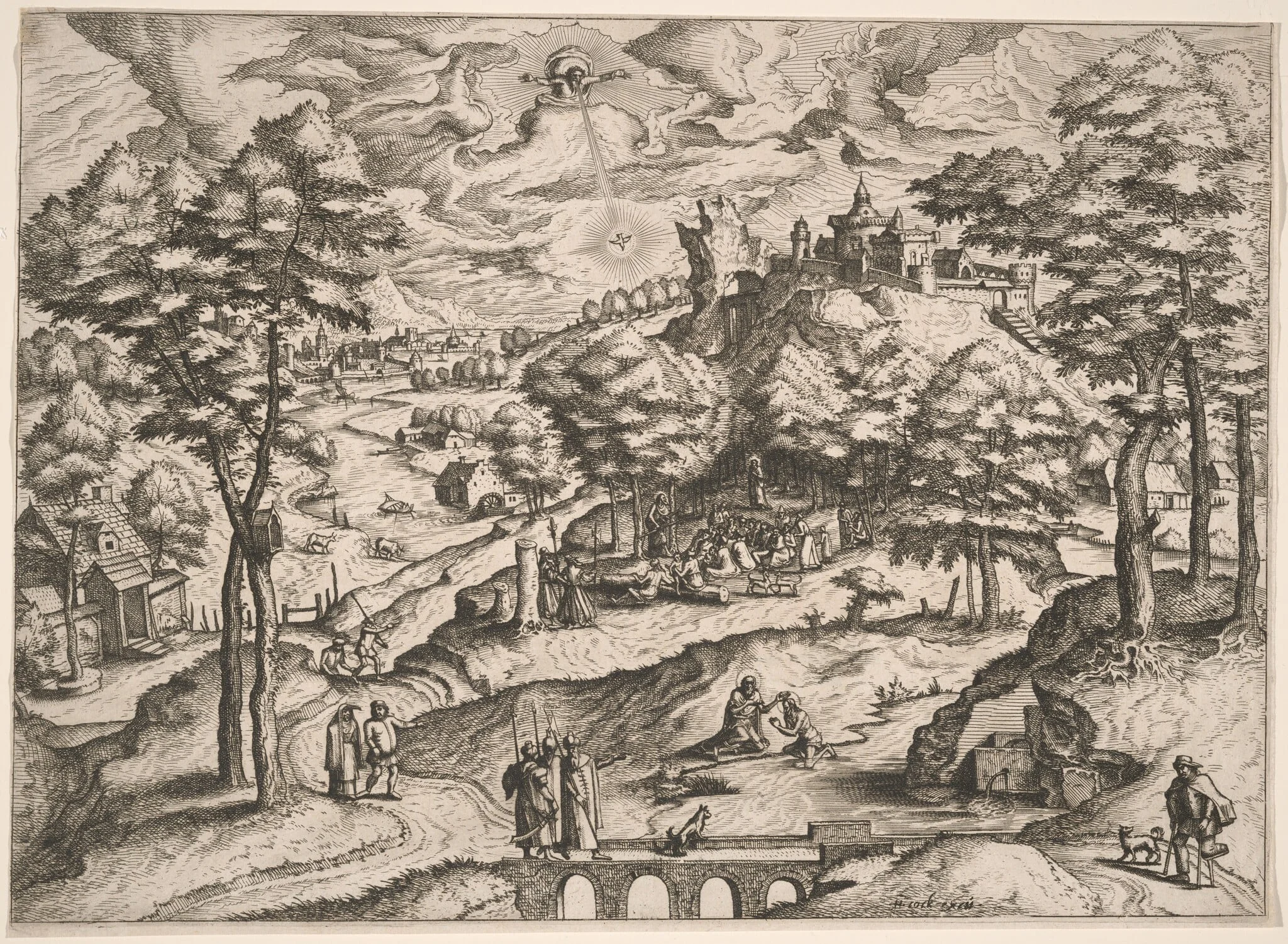Landscape with the Baptism of Christ, by Johannes van Doetechum the Elder, ink, 1562