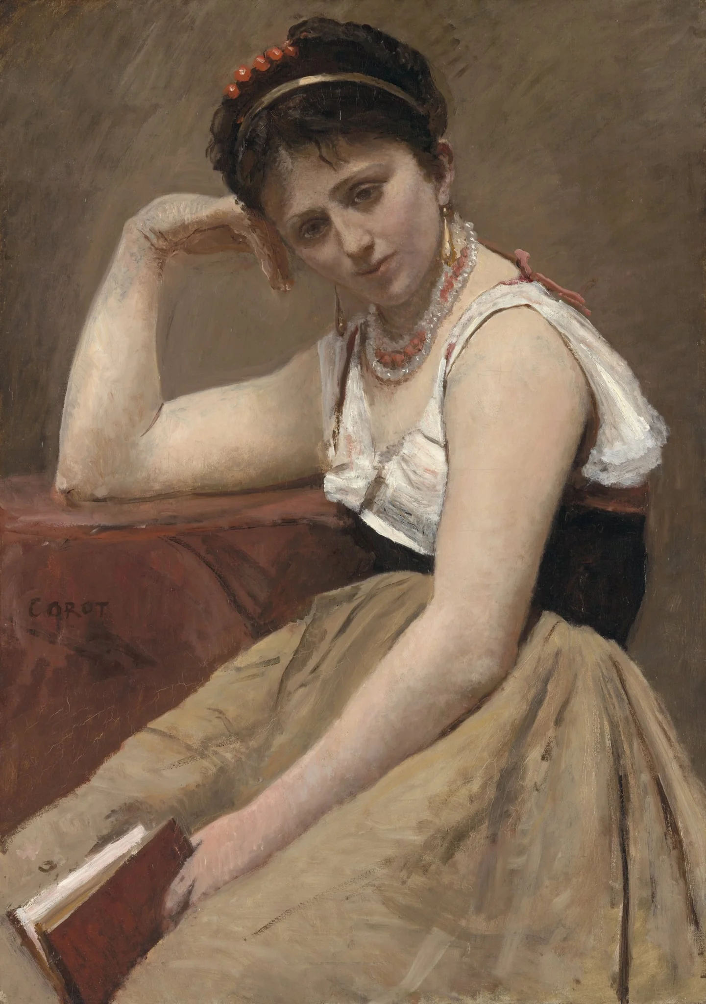 Interrupted Reading, by Jean Baptiste Camille Corot, oil, 1870