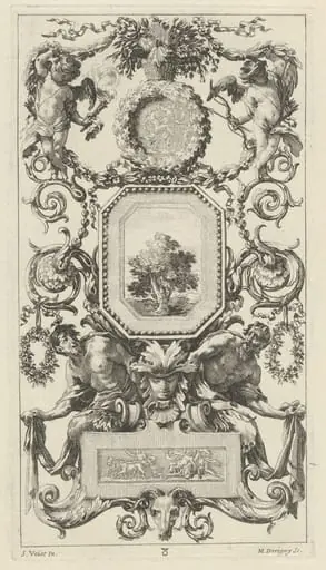 Ornamental Panel Surmounted by a Basket of Flowers with Cupid and Hymen