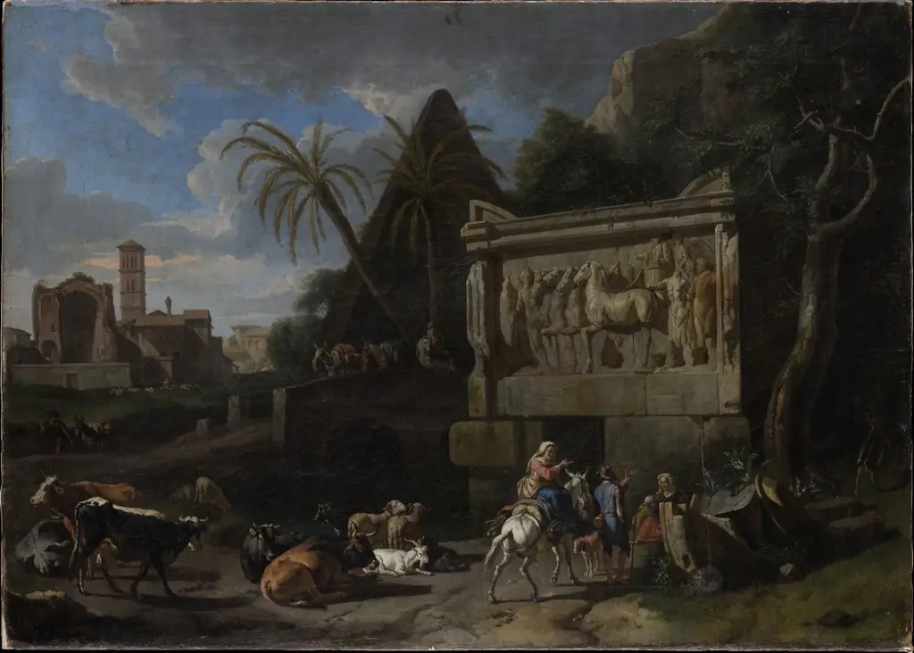Landscape with Ancient Ruins, a Resting Flock in the Front