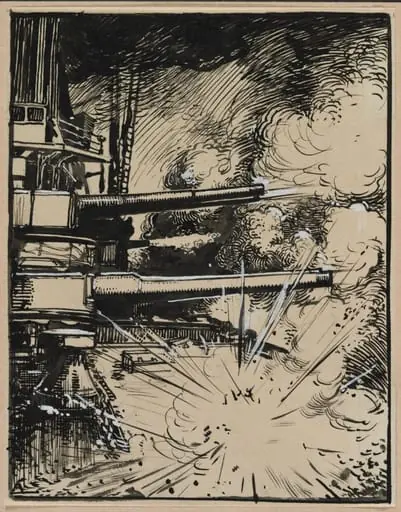 Bombe explosant sur un cuirasse aux canons braques
