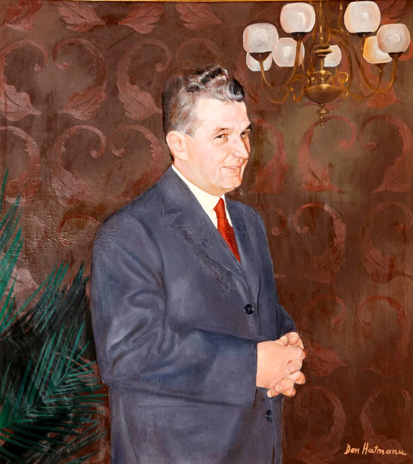 Tablou reprezentându-l pe Nicolae Ceaușescu, semnat dreapta jos Dan Hatmanu. Oferit cadou cu ocazia împlinirii vârstei de 60 de ani de către președintele RSR (ianuarie 1978).