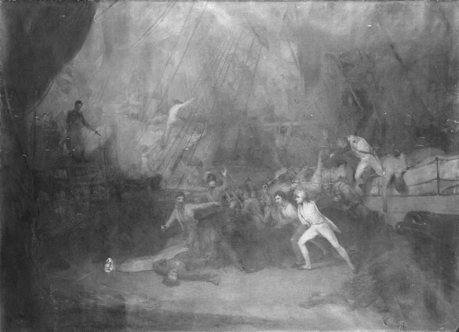 Commodore Nelson boarding the San Joseph in the Battle of St Vincent, by George Jones, oil
