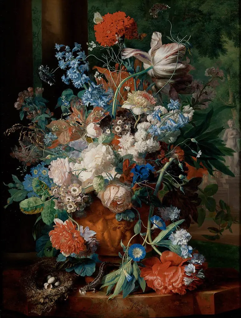 Flower still life in a terracotta vase, for two columns and a park landscape with a statue of Venus