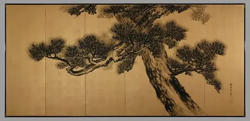 鈴木松年筆 老松図屏風|Aged Pines