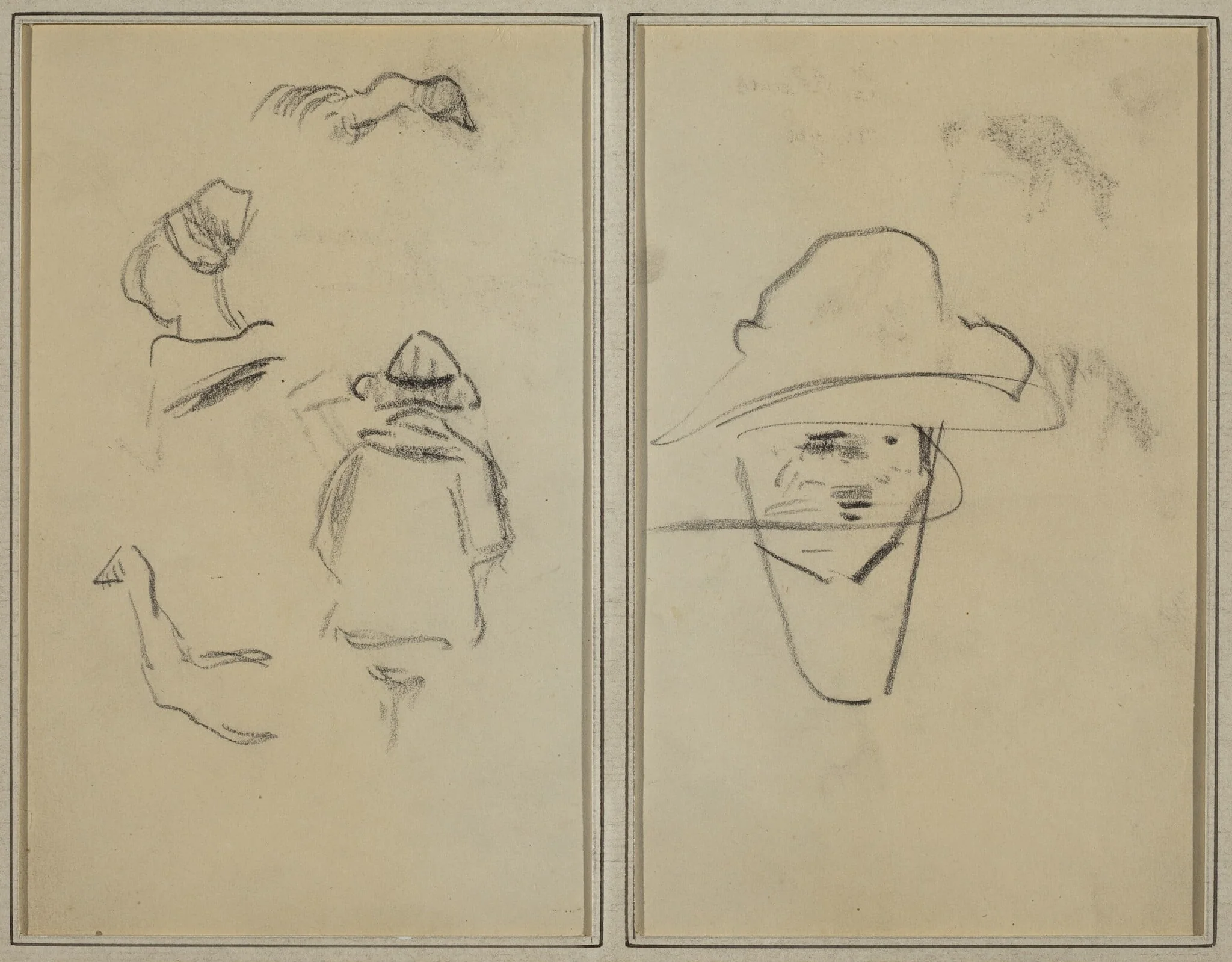 Two Breton Figures and Studies of Two Geese; Man Wearing Hat [verso], by Paul Gauguin, crayon, 1886
