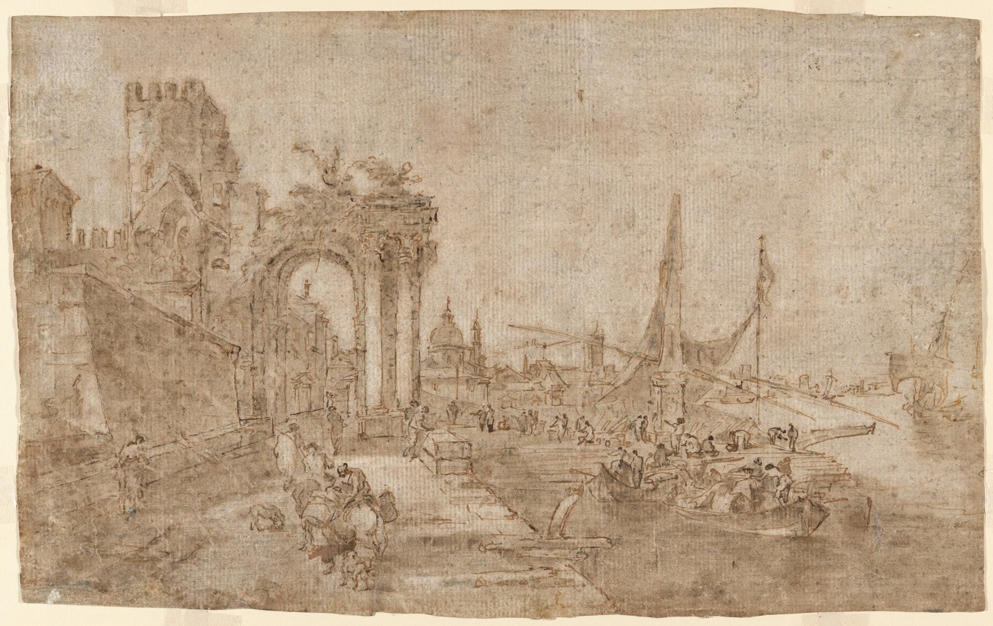 Venetian Capriccio with Boats Unloading (recto); Figures among Ruins (verso), by Francesco Guardi, chalk, 1770