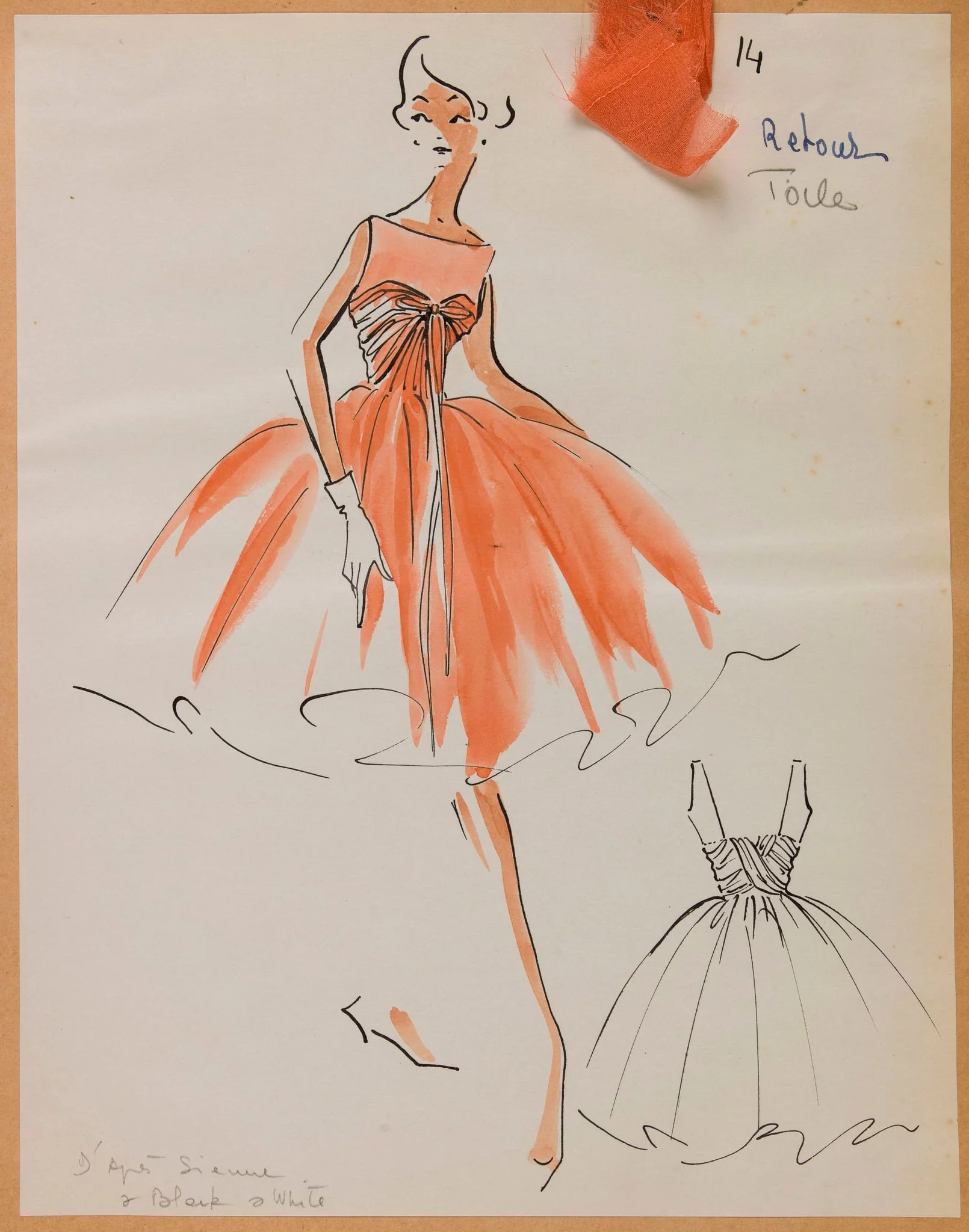 Robe corail plissée sur le haut, by Carven, 1957