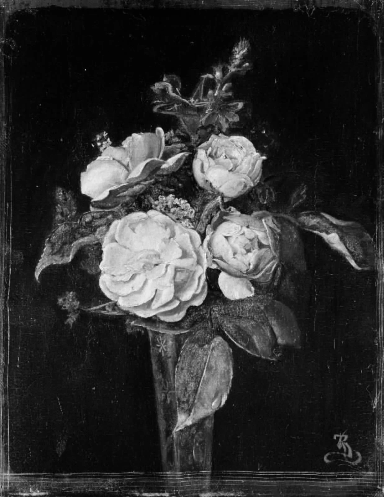 Roser og reseda i et blomsterglas, by Unknown, 1850