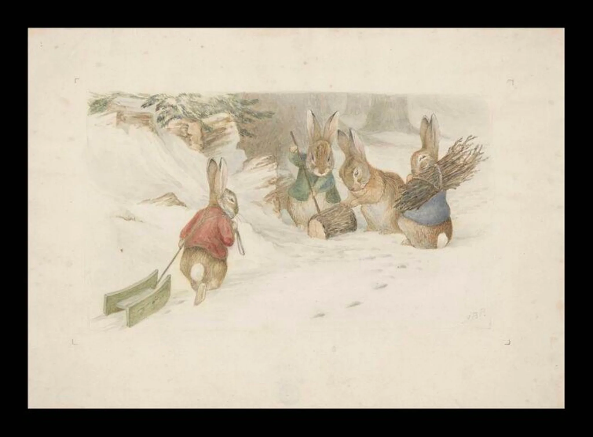 Four rabbits in the snow, by Beatrix Potter, watercolor, 1894