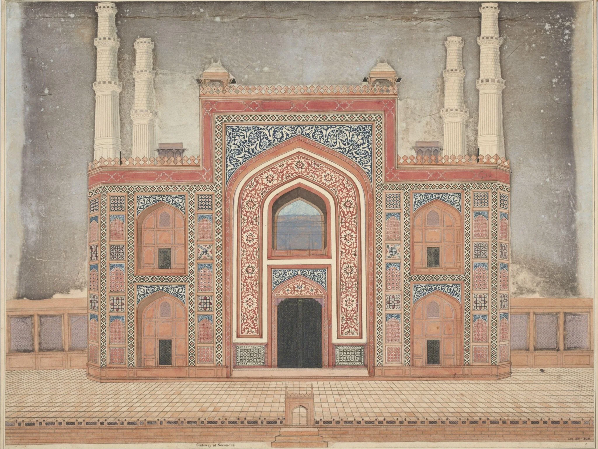 Elevation of the entrance gateway to the garden surrounding Akbar's masoleum.